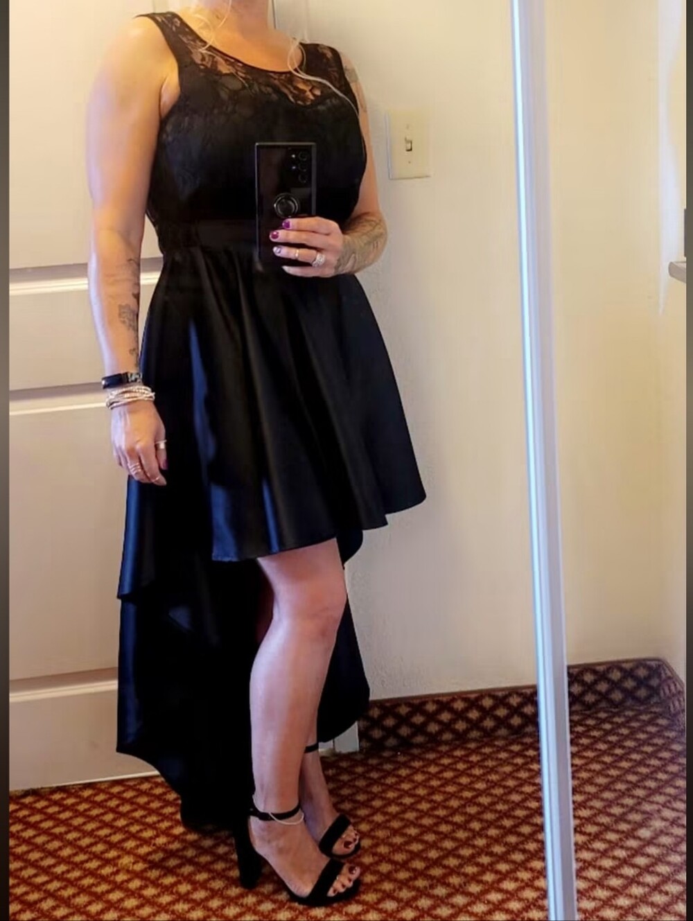 Black Lace & Satin Sleeveless High Low Cocktail Party Dress